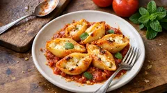 チーズを詰めたシェルパスタのオーブン焼き。トマトソースでこんがり仕上げるごちそうレシピ