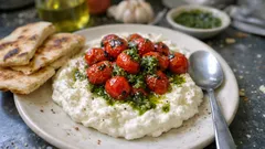 焼きミニトマトの甘酸っぱさが合う。クシノミジスラのガーリックヨーグルト添え