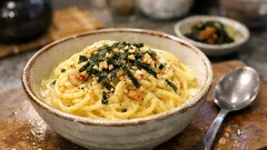 レンジで簡単、和風カルボナーラ。お茶づけ海苔でうまみが決まる一皿